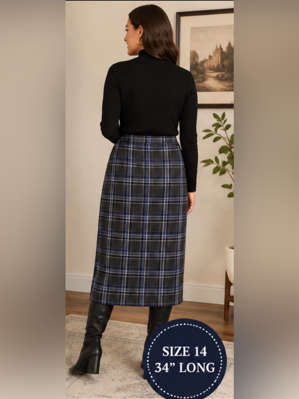 Requirements Grey & Blue Plaid Tartan Wrap Skirt w/ Fringe- size 14 - Picture 4 of 14